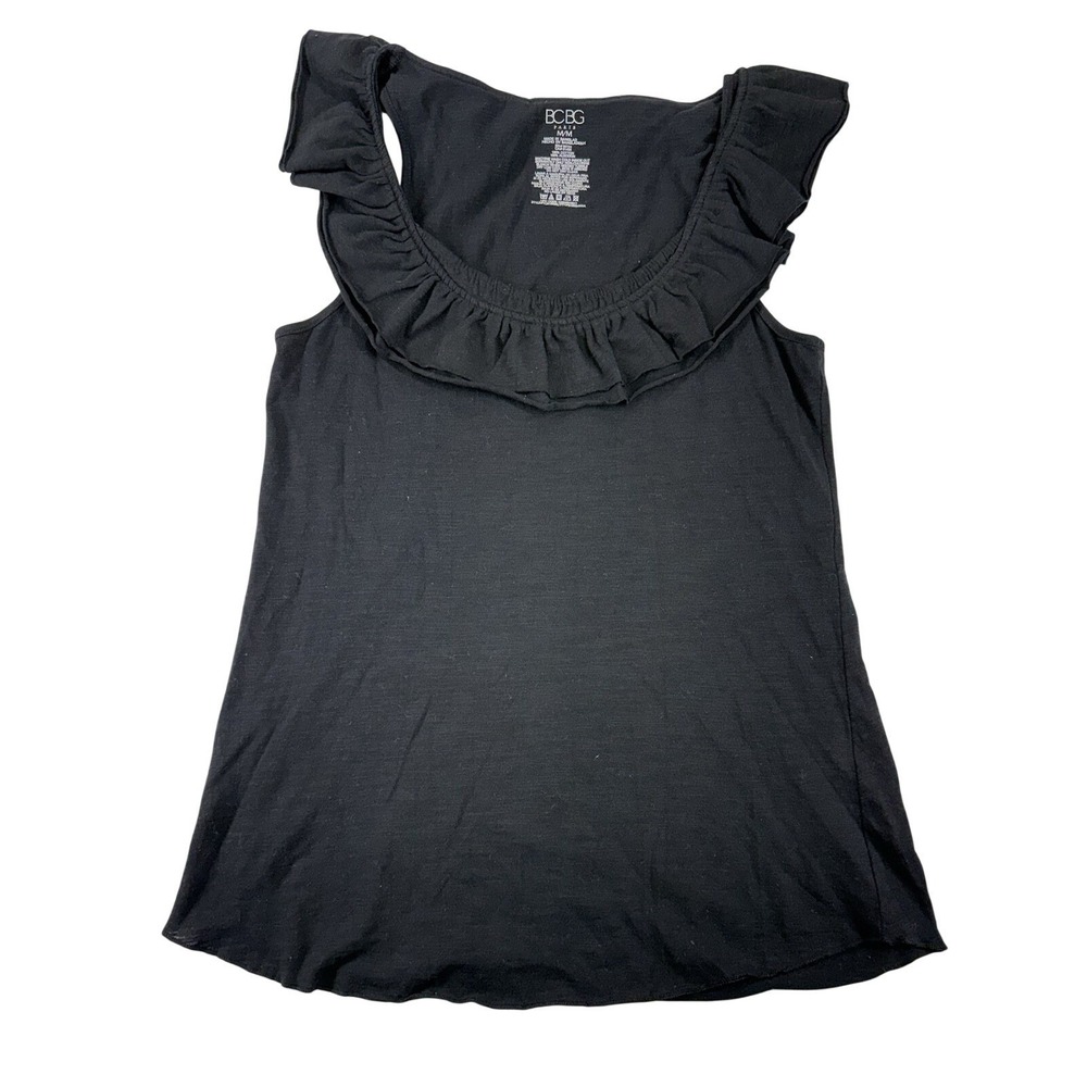 BCBG Paris Sleeveless Tank Top Double‎ Ruffle Neck Black Cotton Medium